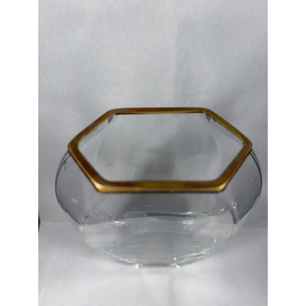 Vintage Clear Glass Hexagon Rim Vase Gold Trim
